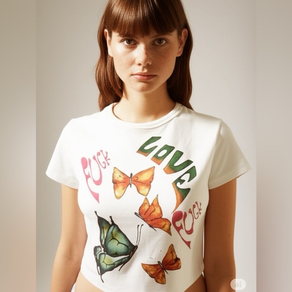 Juliet Johnstone JJ 1 of 1 Butterfly Love Print Y2K Baby Tee T-Shirt Size Small - Picture 1 of 9